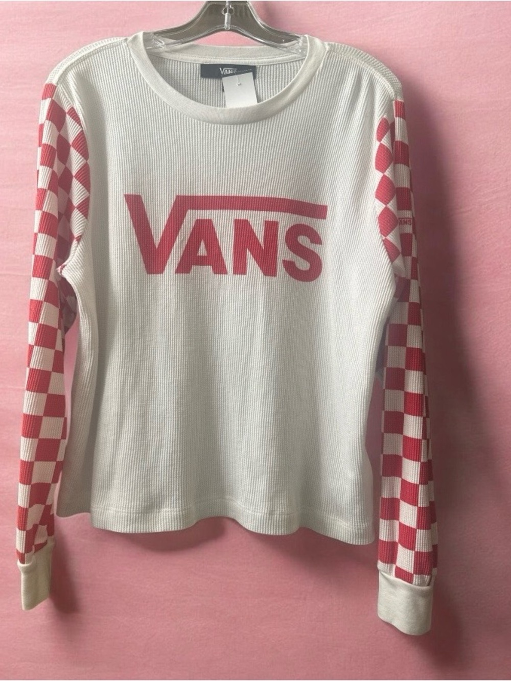 Vans White Long Sleeve Tee with Pink Checkerboard Sleeves